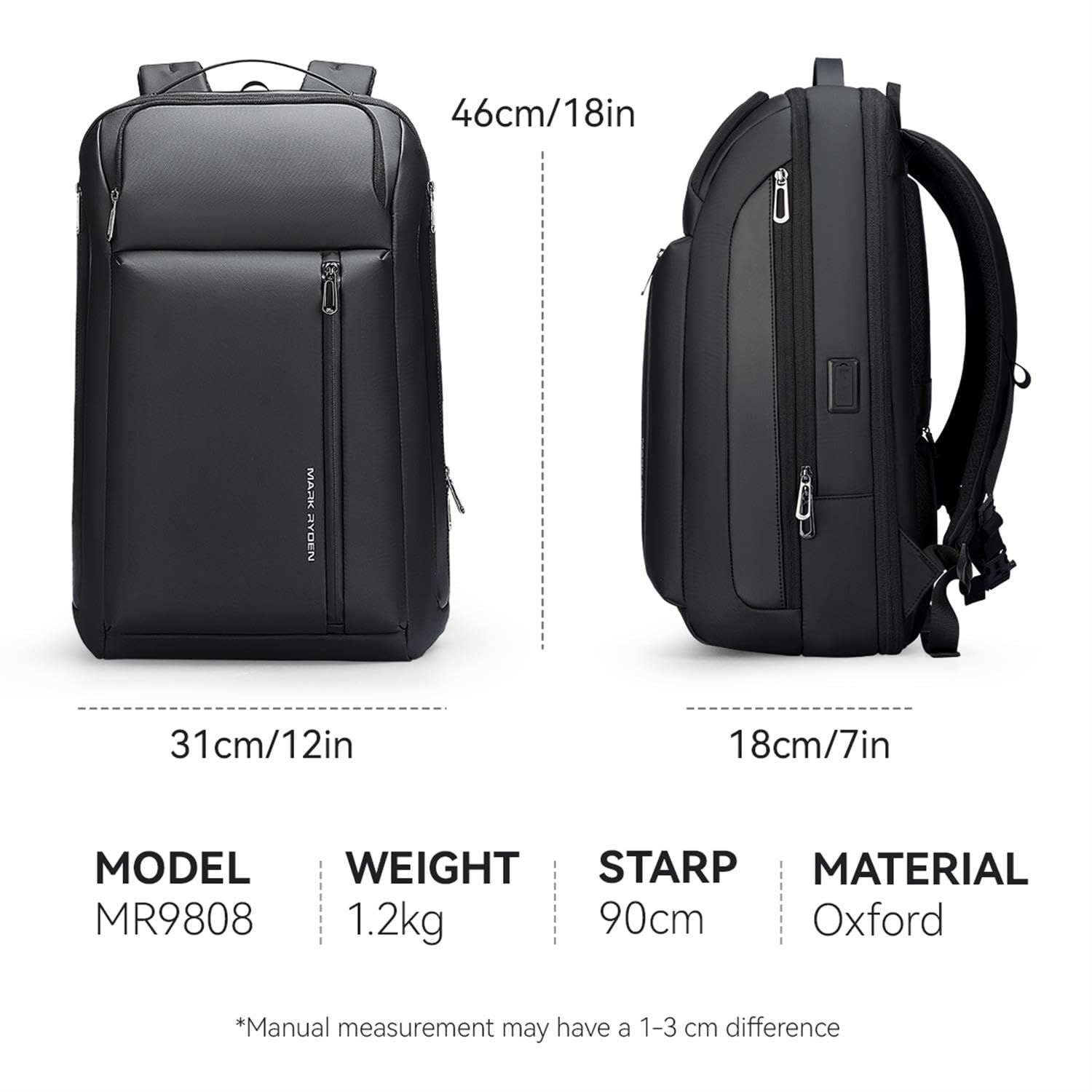MARK RYDEN Reiserucksack 25-35L Laptop Tasche Schwarz