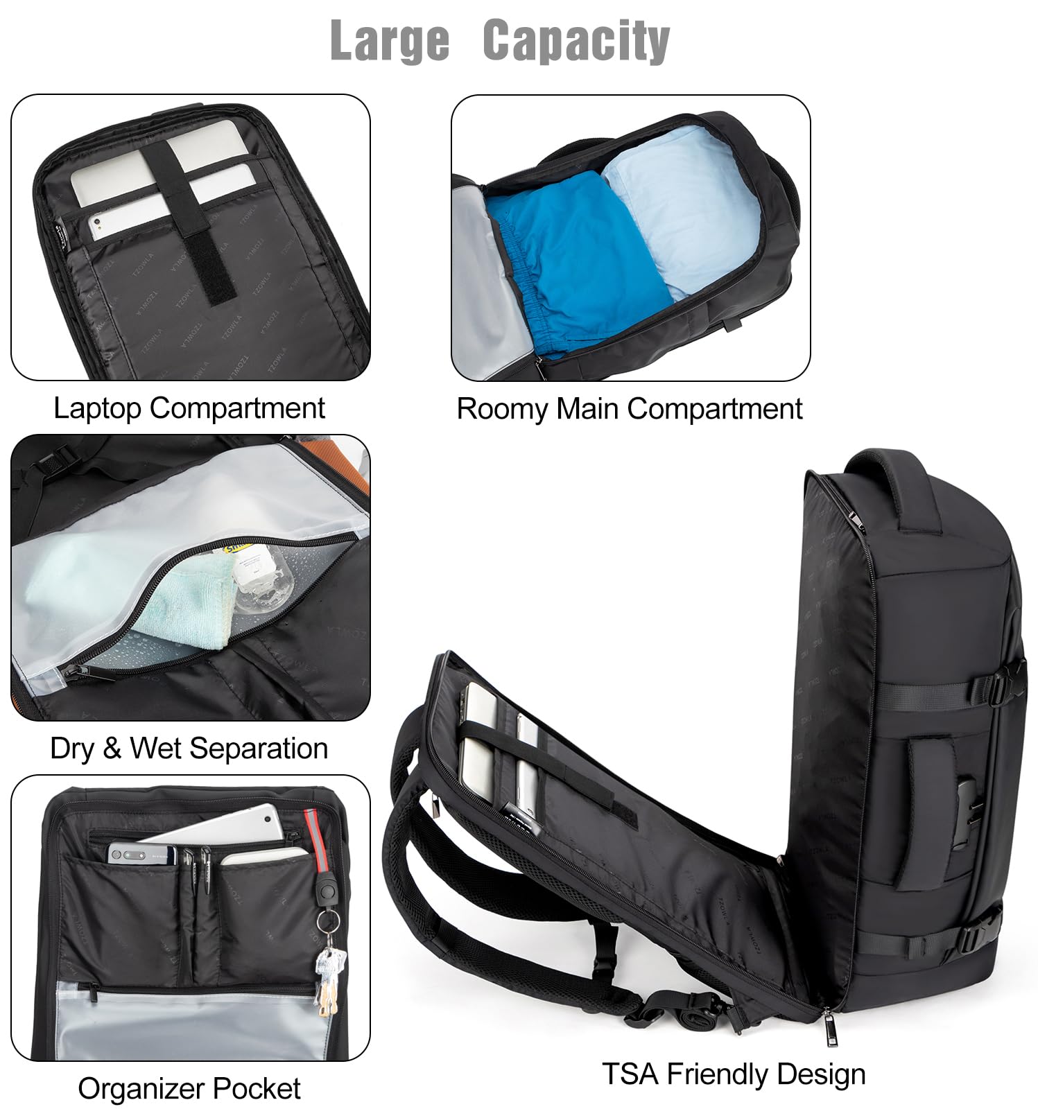 Tzowla Laptop Rucksack 40L Wasserdicht Schwarz