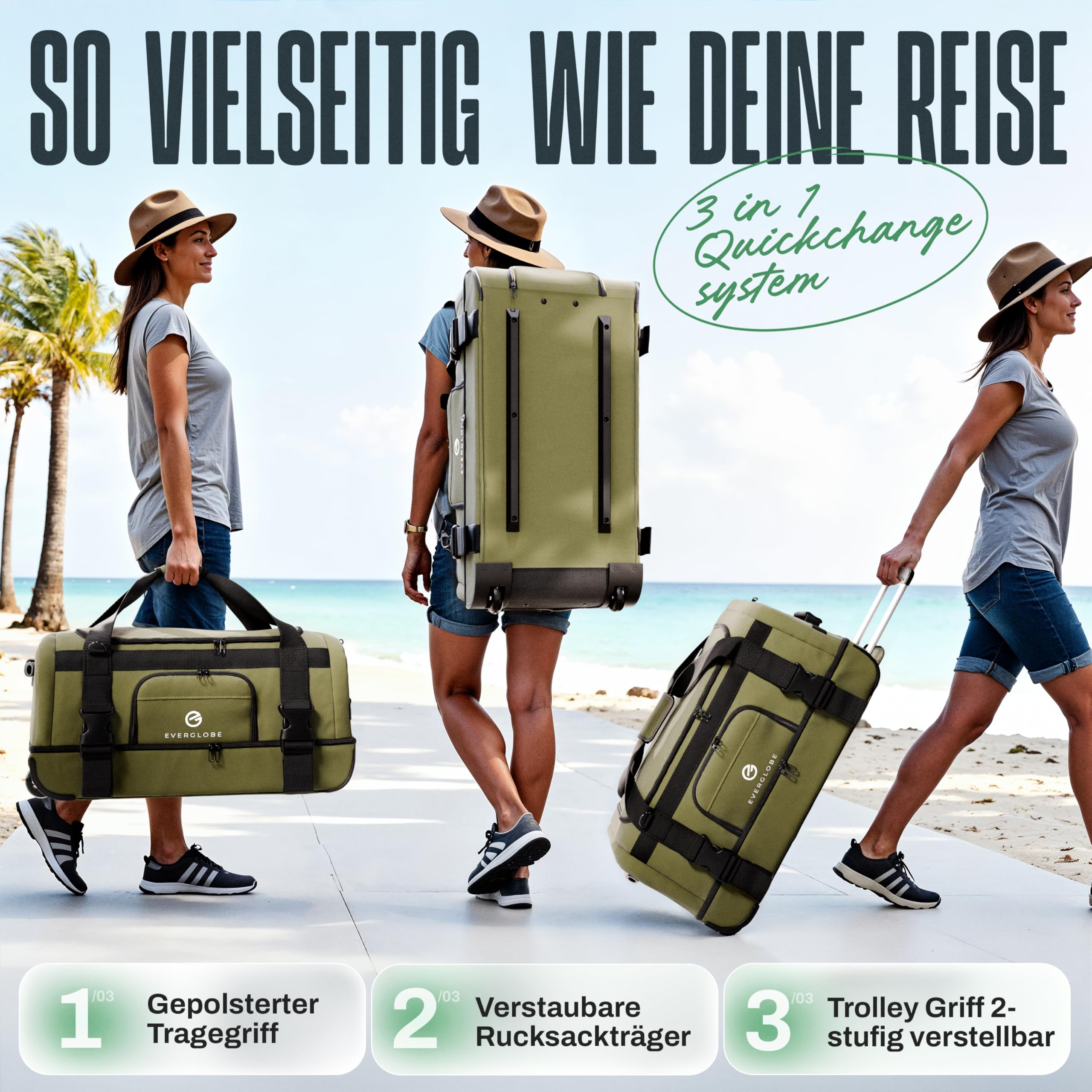 3in1 Reisetasche 120L mit Rollen Khaki Travel Bag