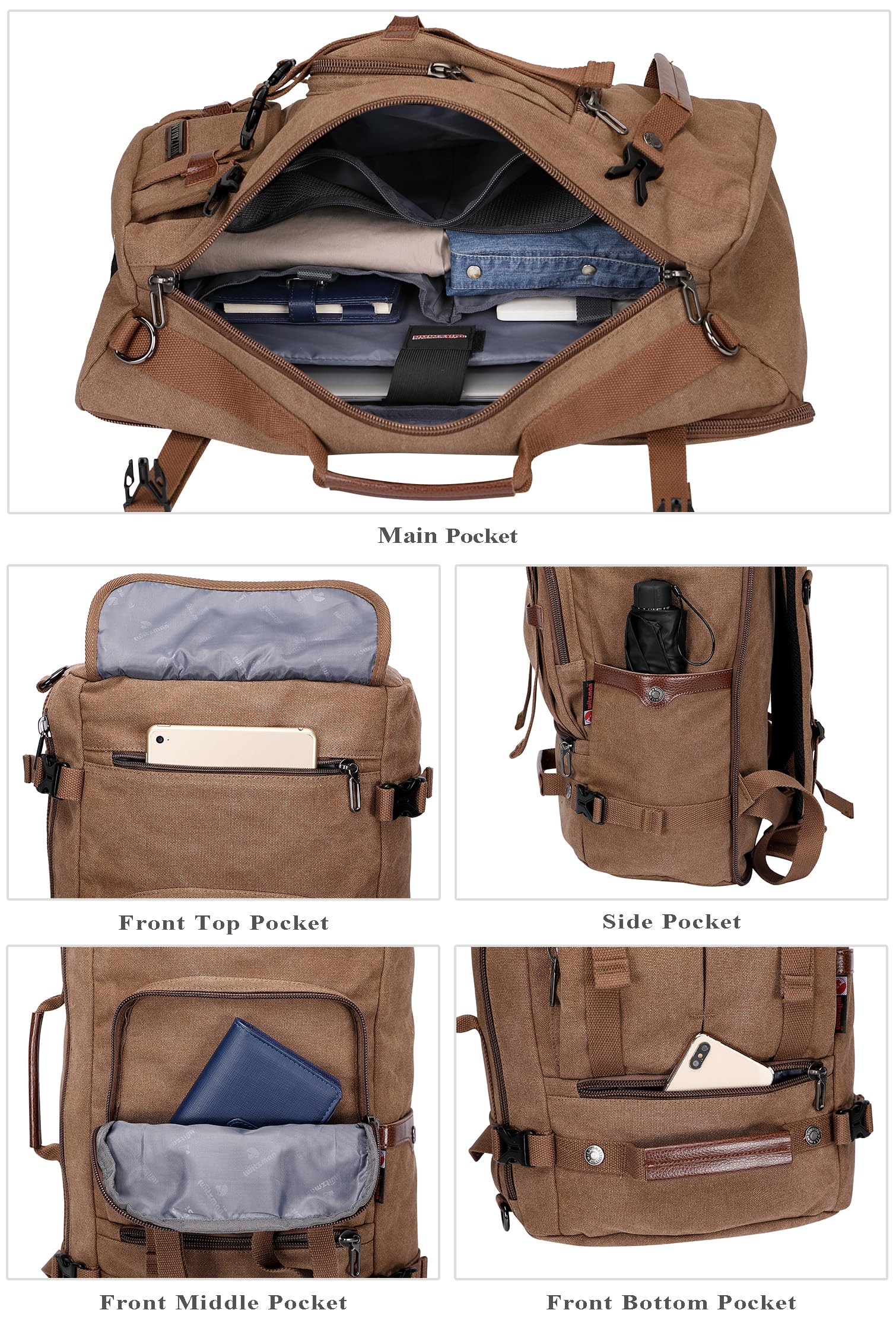 WITZMAN Laptop Rucksack Groß Canvas 17 Zoll Braun