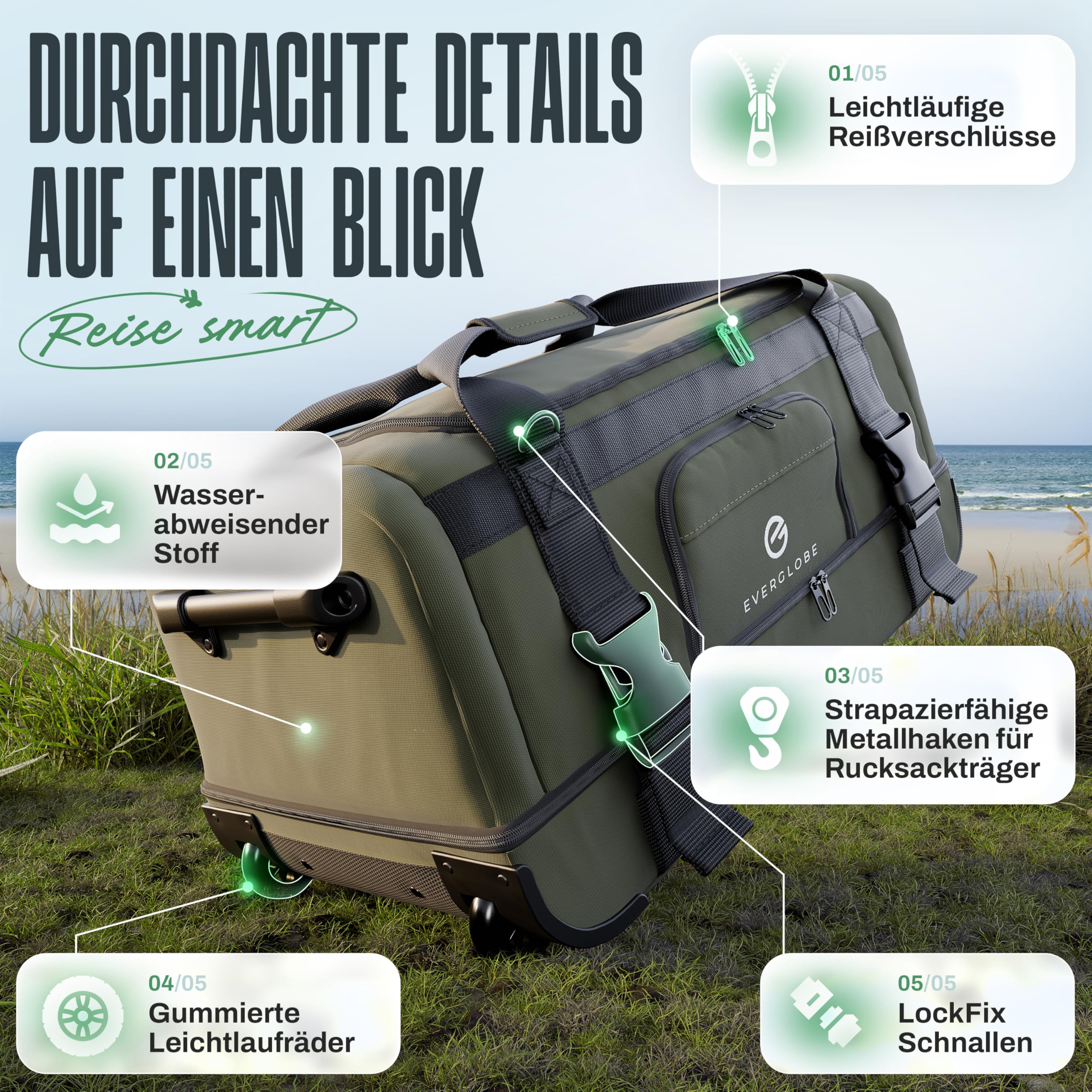 3in1 Reisetasche 120L mit Rollen Khaki Travel Bag