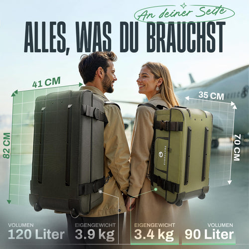 3in1 Reisetasche 120L mit Rollen Khaki Travel Bag