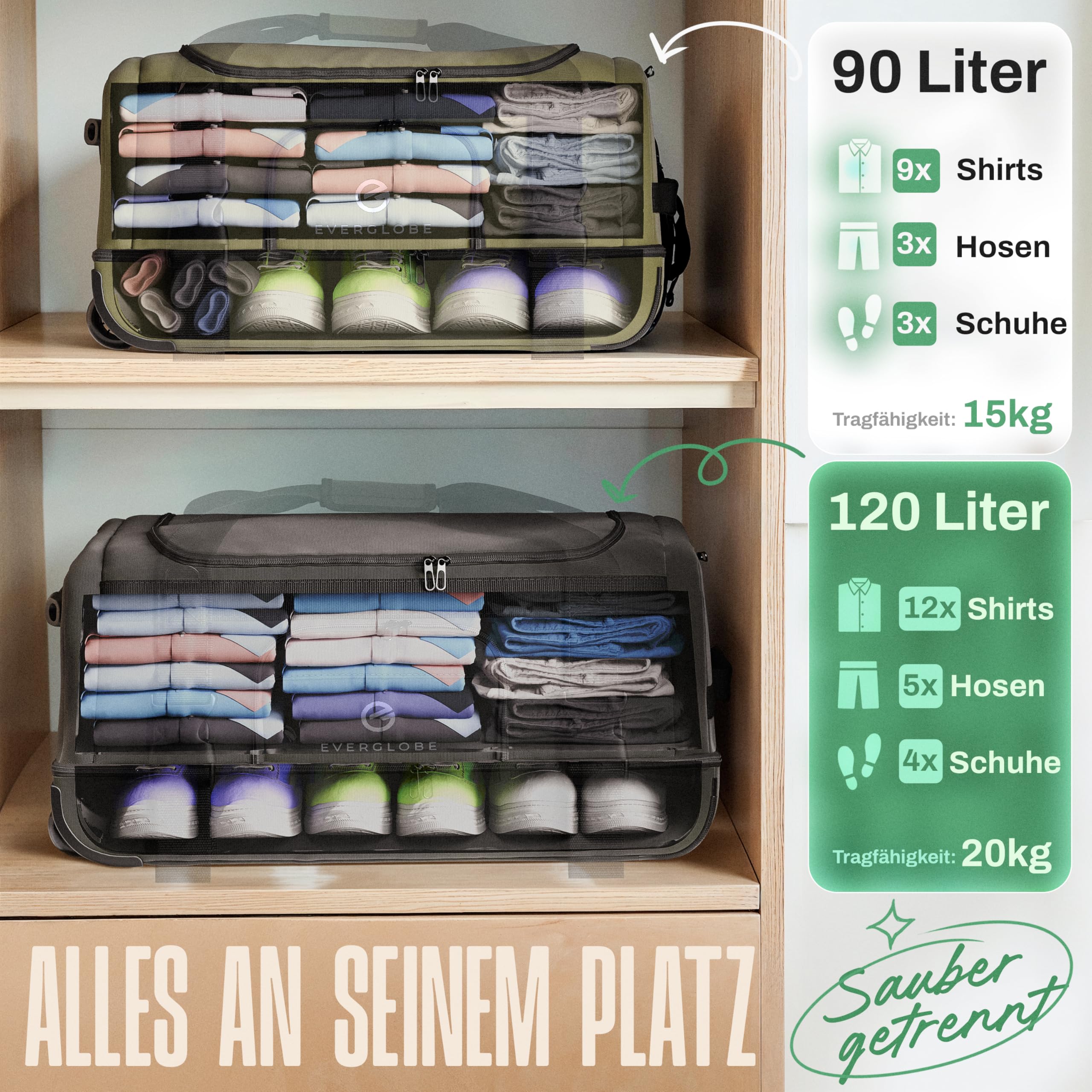 3in1 Reisetasche 120L mit Rollen Khaki Travel Bag